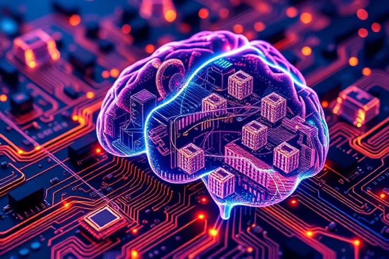 Representación abstracta de la interacción entre la actividad cerebral y los elementos arquitectónicos, mostrando el impacto del diseño en la cognición y el equilibrio emocional.