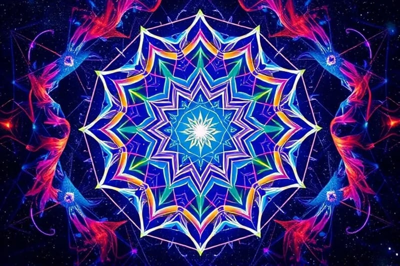 Abstract geometric mandala with astrological and psychological symbols