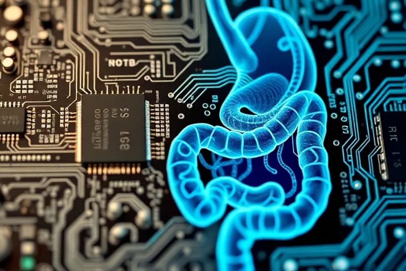 Detailed vector illustration of the human digestive system with beneficial bacteria and nutrient pathways