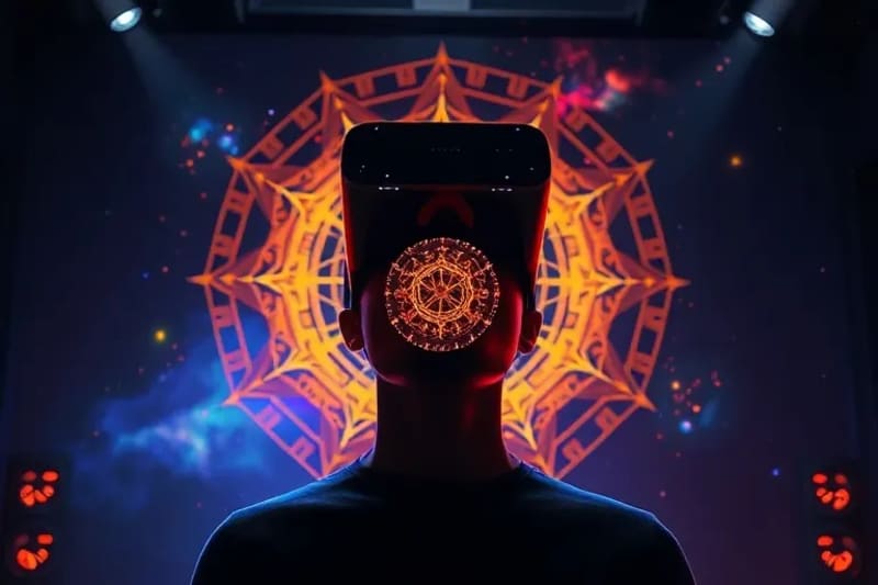 Persona usando un casco de realidad virtual viendo un mapa astrológico holográfico y código digital