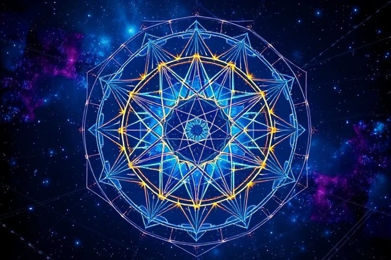 Abstract digital art showing intersecting planetary energies with geometric patterns and color gradients, symbolizing dynamic astrological forces.