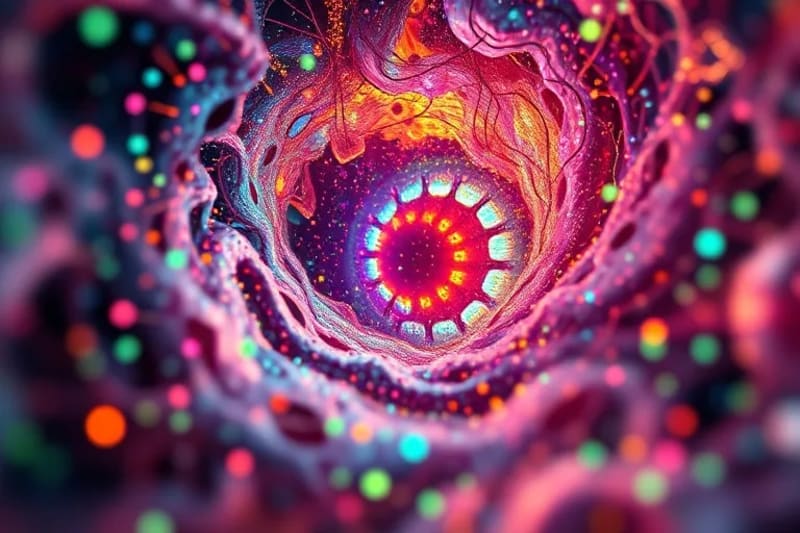 Abstract digital painting depicting interconnected biological elements and athletic motifs