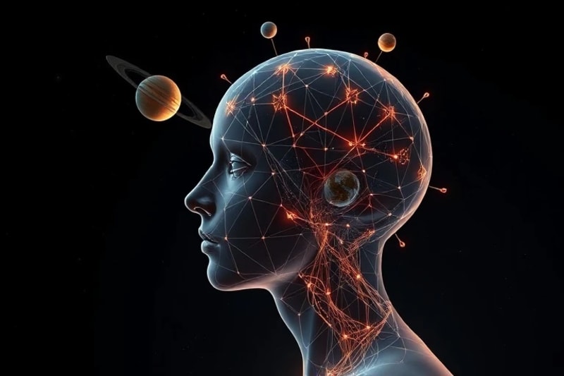 3D rendered human head with glowing neural pathways connecting to miniature planets, symbolizing the mind's cosmic connection.