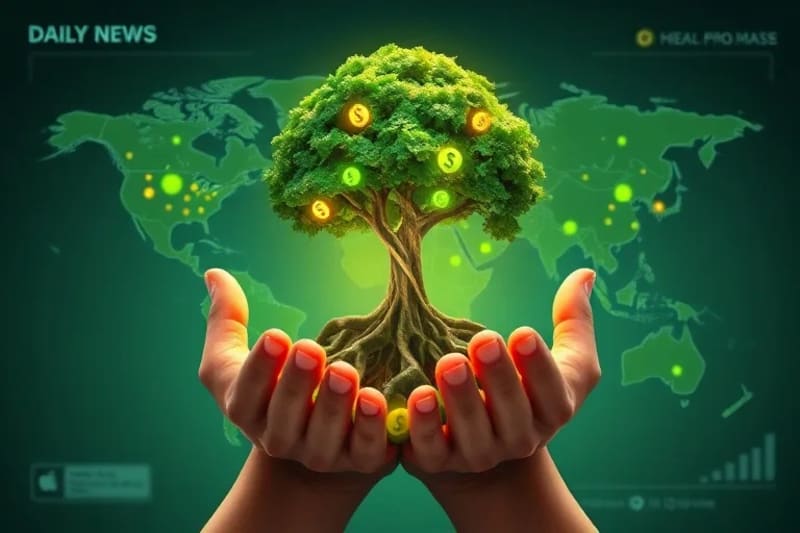 Vector art depicting hands holding a glowing sapling intertwined with blockchain nodes and digital currency symbols, symbolizing green investment.