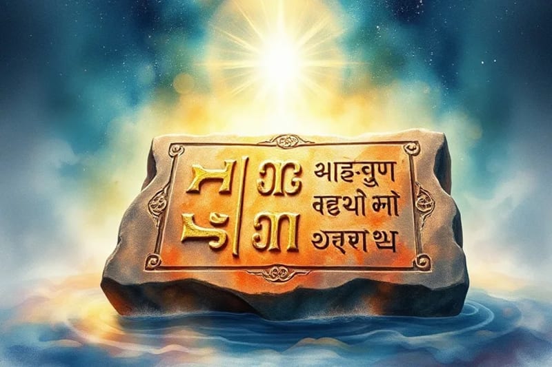 Ancient stone tablet with glowing runes and Sanskrit mantras dissolving into light