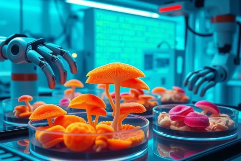 Laboratory setup with fungal cultures and robotic arms, displaying genetic data