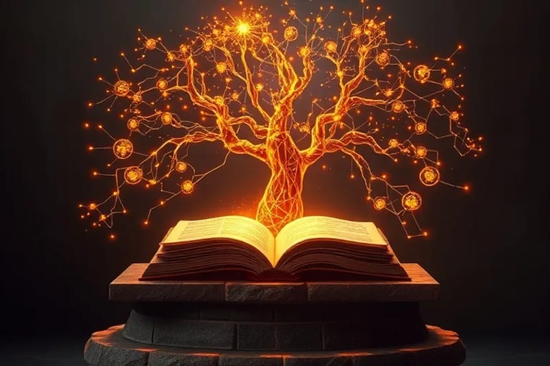 Render 3D de una red cuántica abstracta con nodos luminosos y líneas de energía, donde fluye una onda dorada de sanación.