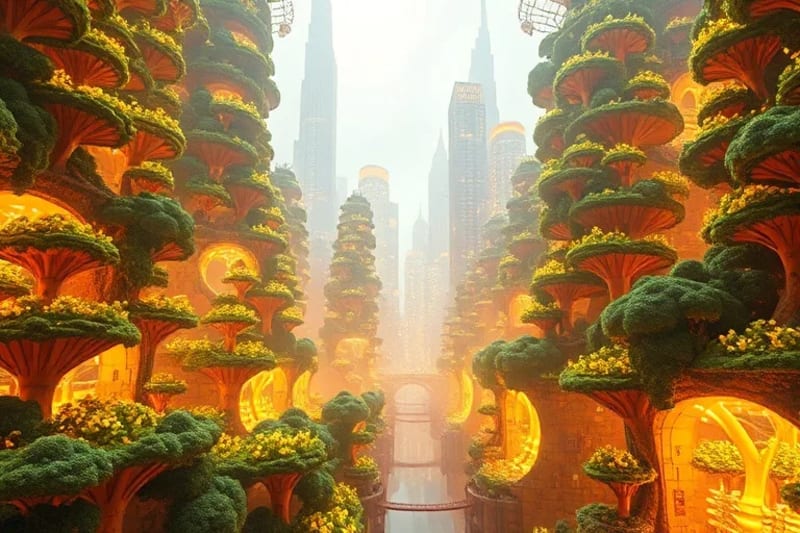 Futuristic cityscape with mycelium buildings and fungal bioreactors