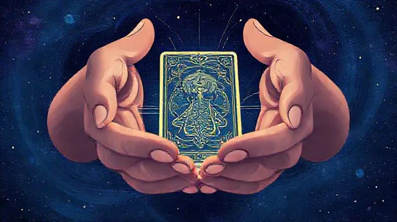 Hands gently holding a richly illustrated Tarot card, with a cosmic background, symbolizing deep connection and inner wisdom.