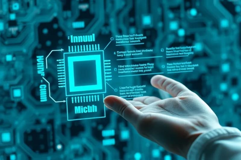 Representación de una mano humana interactuando con una proyección holográfica de un proceso de toma de decisiones de IA.