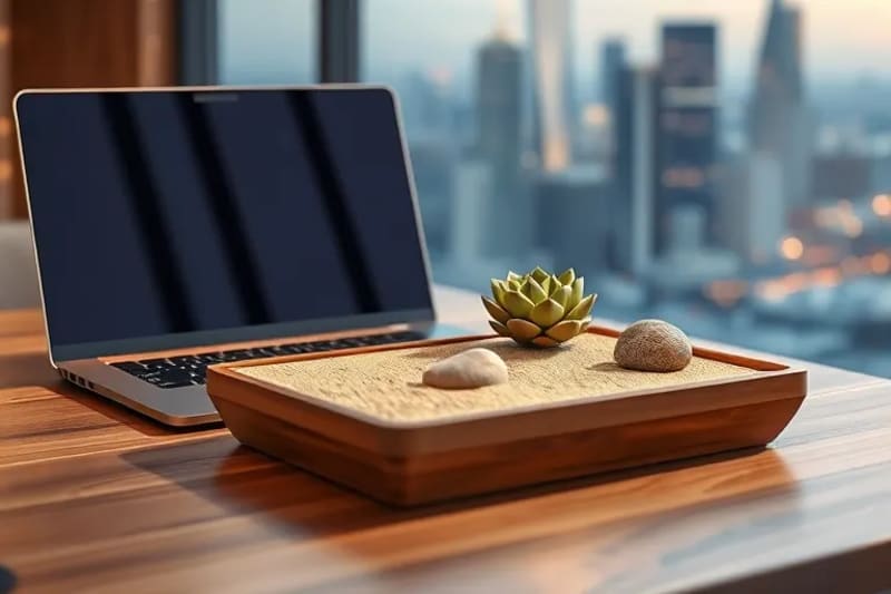 3D render of a portable zen garden kit next to a laptop