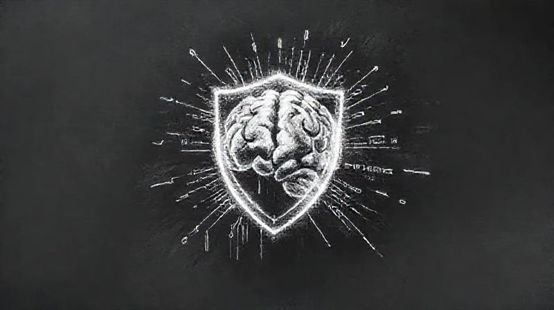 Representación 3D de un cerebro estilizado con un escudo de energía que lo protege de elementos digitales y código binario.