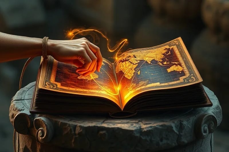 Mapa mundial simbólico con hilos de luz y oscuridad, donde una mano celestial irradia luz y manipula sutilmente los hilos, representando la influencia arcangélica en la geopolítica.