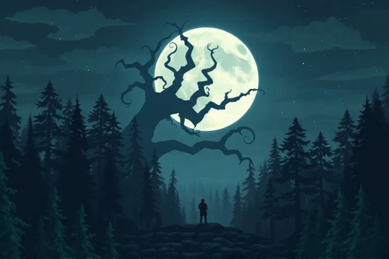 Figura solitaria contemplando su sombra compleja en un bosque oscuro bajo la luna, simbolizando el inconsciente y la introspección.