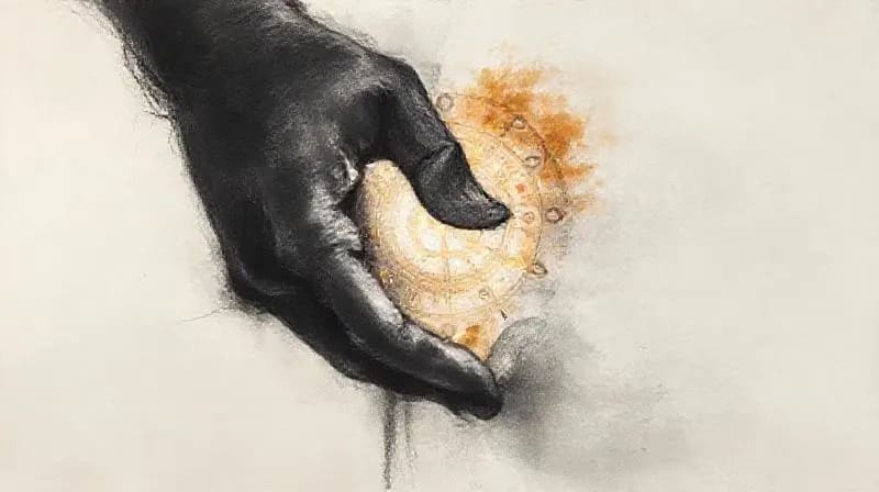 Manos entrelazadas en un equilibrio de luz y sombra, con un sutil mapa astral de fondo, representando la integración de la psique.