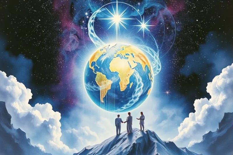 Representación abstracta en acuarela de energía celestial fluyendo desde un cielo estrellado hacia un globo terráqueo fragmentado, simbolizando la influencia divina en el mundo.