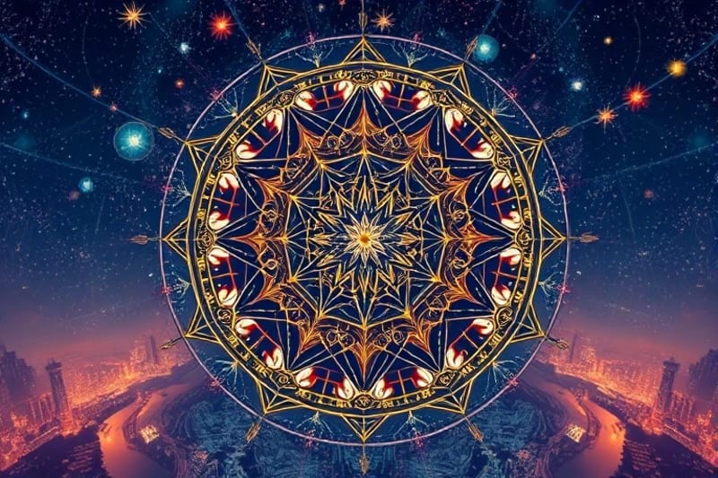 Abstract city map with astrological symbols and energy flows