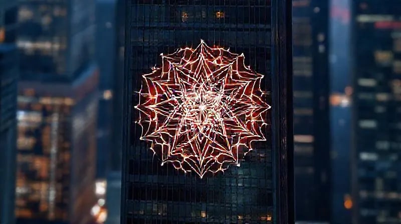 Modern skyscraper with glowing sacred geometry patterns
