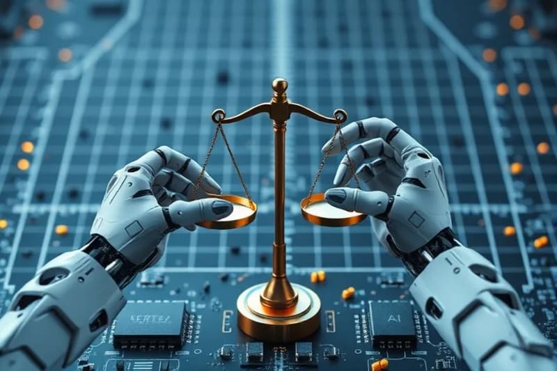 Ilustración vectorial de dos manos robóticas sosteniendo balanzas, una equilibrada y otra desequilibrada, simbolizando la justicia y el sesgo en la IA.