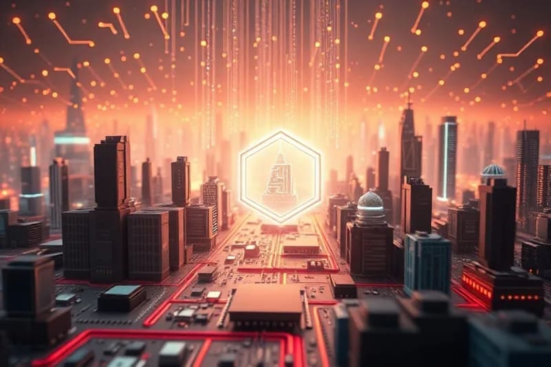 Render 3D de una ciudad futurista con proyecciones holográficas y un núcleo de IA brillante en primer plano, simbolizando la integración tecnológica.