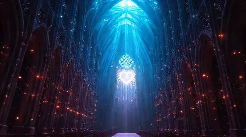 Representación abstracta de redes neuronales activas, con líneas y nodos luminosos que simbolizan la actividad cerebral durante experiencias espirituales, entrelazadas con un corazón radiante o luz ascendente.