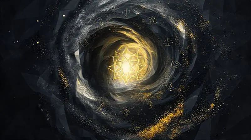 An abstract digital painting showing a dark, swirling vortex contrasted with a bright, expanding light, with astrological symbols subtly integrated.