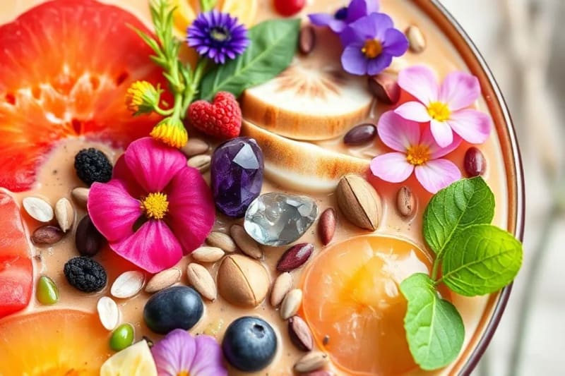 Cuenco de smoothie vibrante con frutas, semillas y pequeños cristales decorativos, pintado en acuarela con un estilo etéreo.