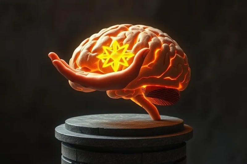 Una mano translúcida con estigmas sutiles y luminosos en la palma, apoyada sobre una representación abstracta y detallada de la materia cerebral con vías neuronales iluminadas, simbolizando la conexión entre lo físico y lo espiritual.