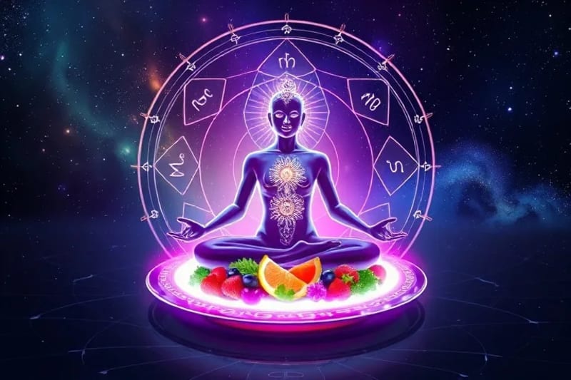 Representación 3D etérea de un cuerpo humano con chakras brillantes, conectando energéticamente con un plato de comida radiante en un fondo cósmico.