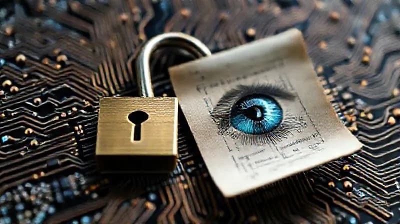 Conceptual still-life depicting digital ethics: a padlock as part of a brain circuit, a legal scroll with binary code, and an eye reflecting data patterns.