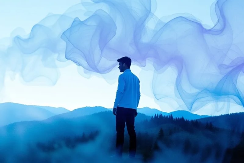 Abstract watercolor painting with swirling, translucent colors blending from deep blues to purples and greens, representing the fluid and evolving nature of digital consciousness.