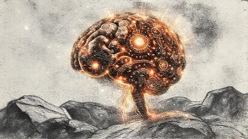 Glowing brain made of circuit boards on a stone pedestal, surrounded by holographic data visualizations and astrological charts