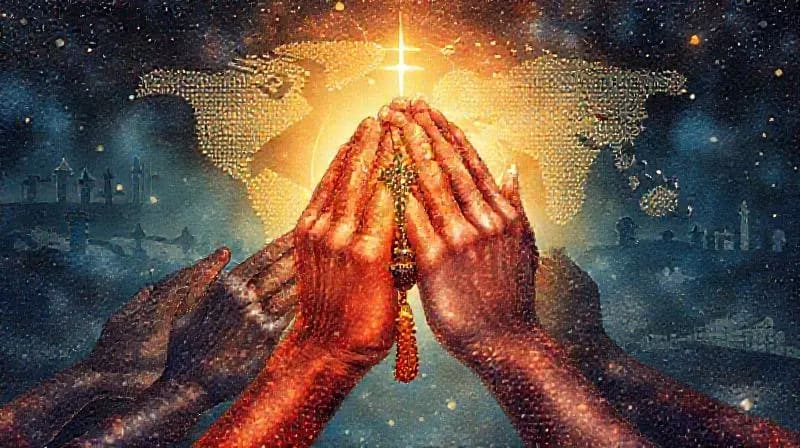 Manos diversas en oración alrededor de un rosario brillante, con siluetas de conflictos globales de fondo.