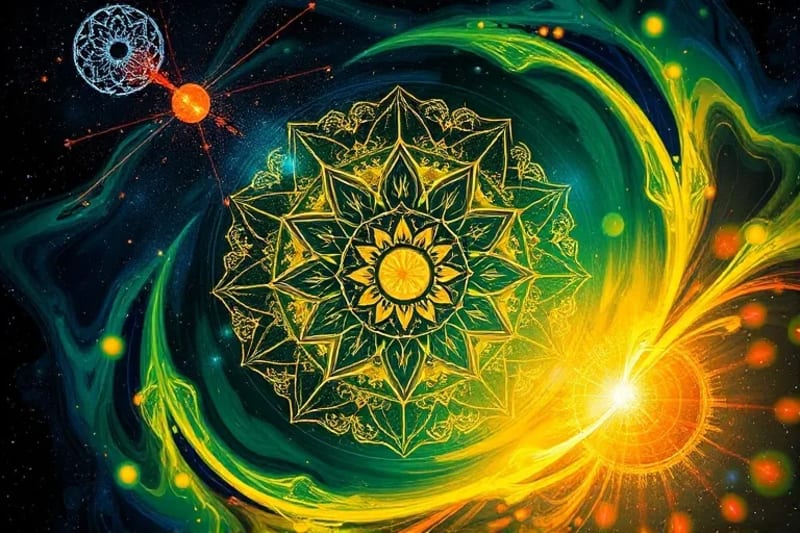 Vibrant abstract art with swirling patterns of light and color influencing symbolic gears, crystals, and ripples