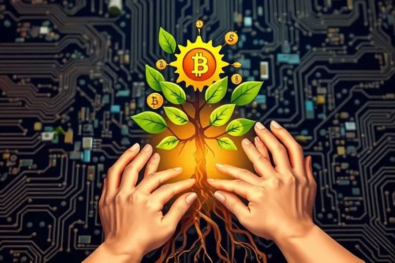 Manos diversas plantando árbol en blockchain