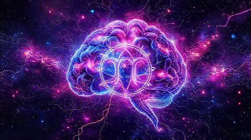 Pintura digital abstracta que ilustra el entrelazamiento cuántico con hilos de luz interconectados formando una estructura cerebral y un símbolo astrológico, representando la unión de ciencia y espiritualidad.
