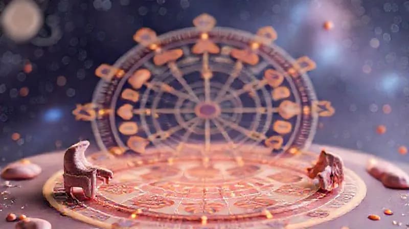 Renderizado 3D de una interfaz de realidad virtual que muestra una carta astral interactiva con elementos flotantes, patrones geométricos y campos de energía sutiles, simbolizando la integración digital de la espiritualidad.