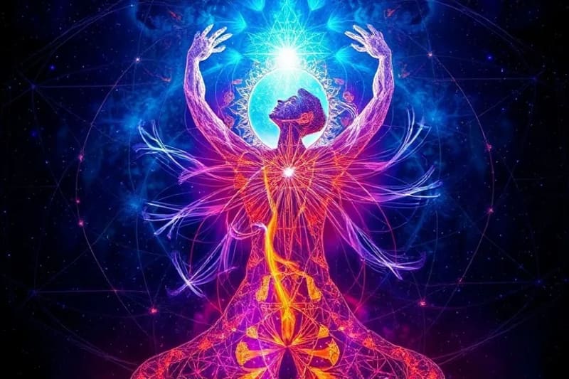Abstract digital painting depicting a human figure interacting with glowing data streams and symbolic representations of intuition, suggesting a harmonious blend of technology and inner wisdom.