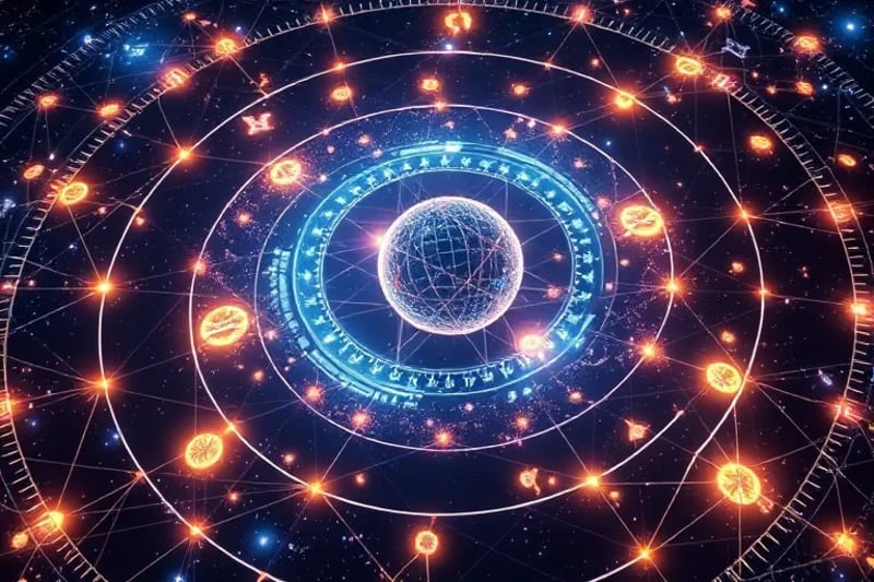 Red de caminos luminosos en el metaverso con esferas planetarias en movimiento