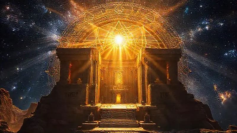 Digital painting showing a detailed cross-section of an ancient temple, with light beams illuminating specific altars during a solstice, showcasing intricate architectural details and warm golden light.