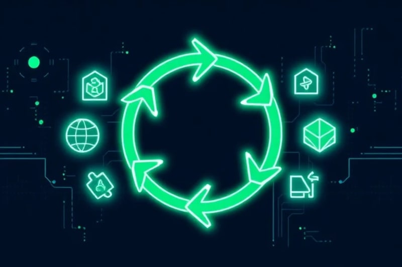 Diagrama vectorial de una cadena de suministro circular con iconos de blockchain que muestran trazabilidad y sostenibilidad.