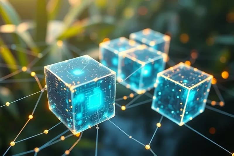 Render 3D de bloques de datos digitales interconectados con elementos naturales de fondo, simbolizando la regeneración y la transparencia de blockchain.