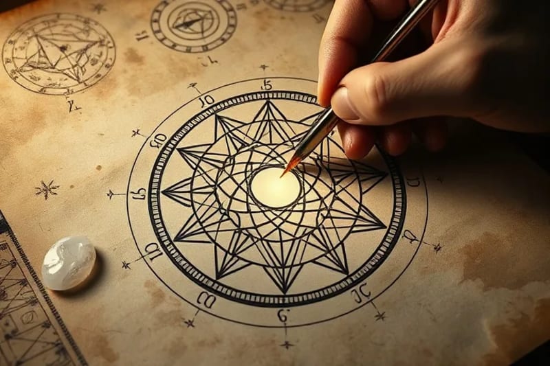 Close-up of a hand drawing a sigil, surrounded by astrological charts and a glowing crystal