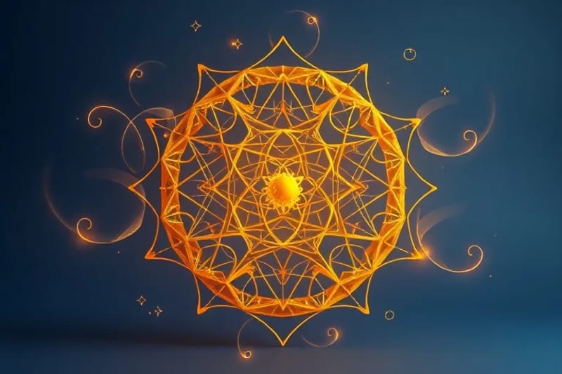Abstract representation of energy flow and manifestation with intertwined golden threads and subtle cosmic patterns
