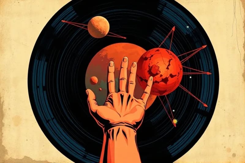 Ilustración vectorial de una mano humana alcanzando un Marte colonizado con rutas de viaje y extracción de recursos de asteroides