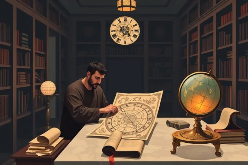 An ancient scholar meticulously studying an astrological chart, surrounded by historical astronomical tools and scrolls, representing the deep roots of Hellenistic wisdom.