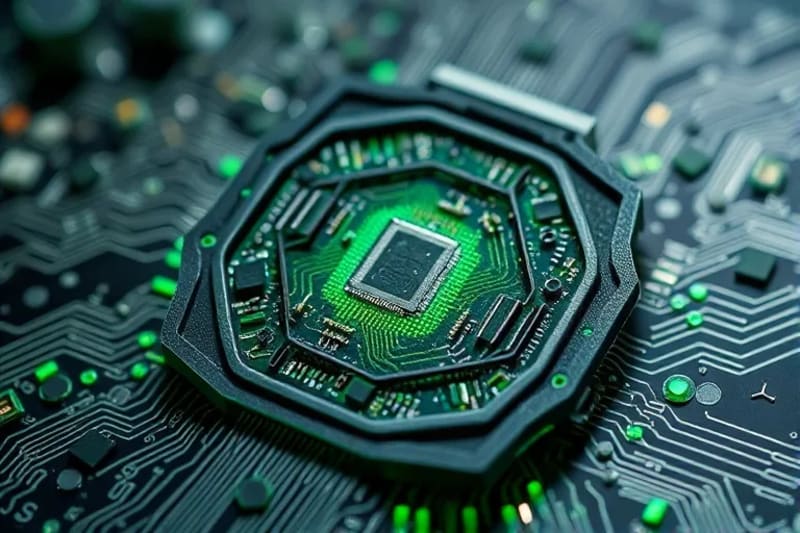 Escudo criptográfico abstracto protegiendo datos con símbolos cuánticos