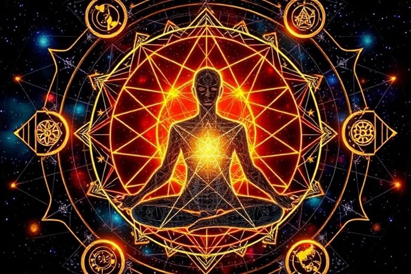 Abstract digital art illustrating the flow of cosmic energy and destiny around a meditating figure, symbolizing the integration of ancient predictive techniques with modern spiritual self-discovery.