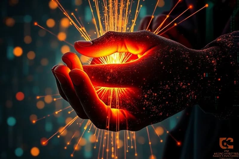 Manos en oración con hilos de luz que conectan hacia arriba y hacia abajo, simbolizando la conexión generacional y la sanación.