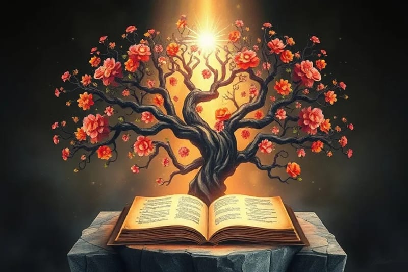Ilustración de un árbol genealógico abstracto con ramas oscuras y enredadas que comienzan a florecer con luz y flores, simbolizando la renovación y la curación.